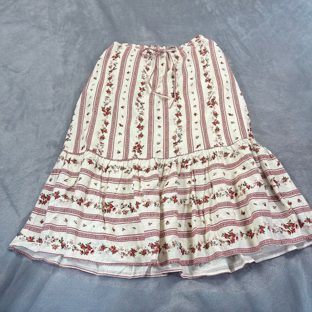 Joie Floral Tiered Midi Skirt L Cream Red Linen Boho Cottagecore Prairie Peasant - Picture 2 of 8